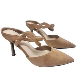 Tan Faux Suede Pointed Toe Mule Heels Twisted Strap Detail Womens Size 9.5 NEW